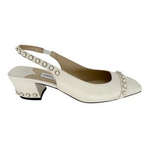 JIMMY CHOO Hya 45mm Faux Pearl Embellished Leather Pumps EU 38.5 US 8.5 Ivory